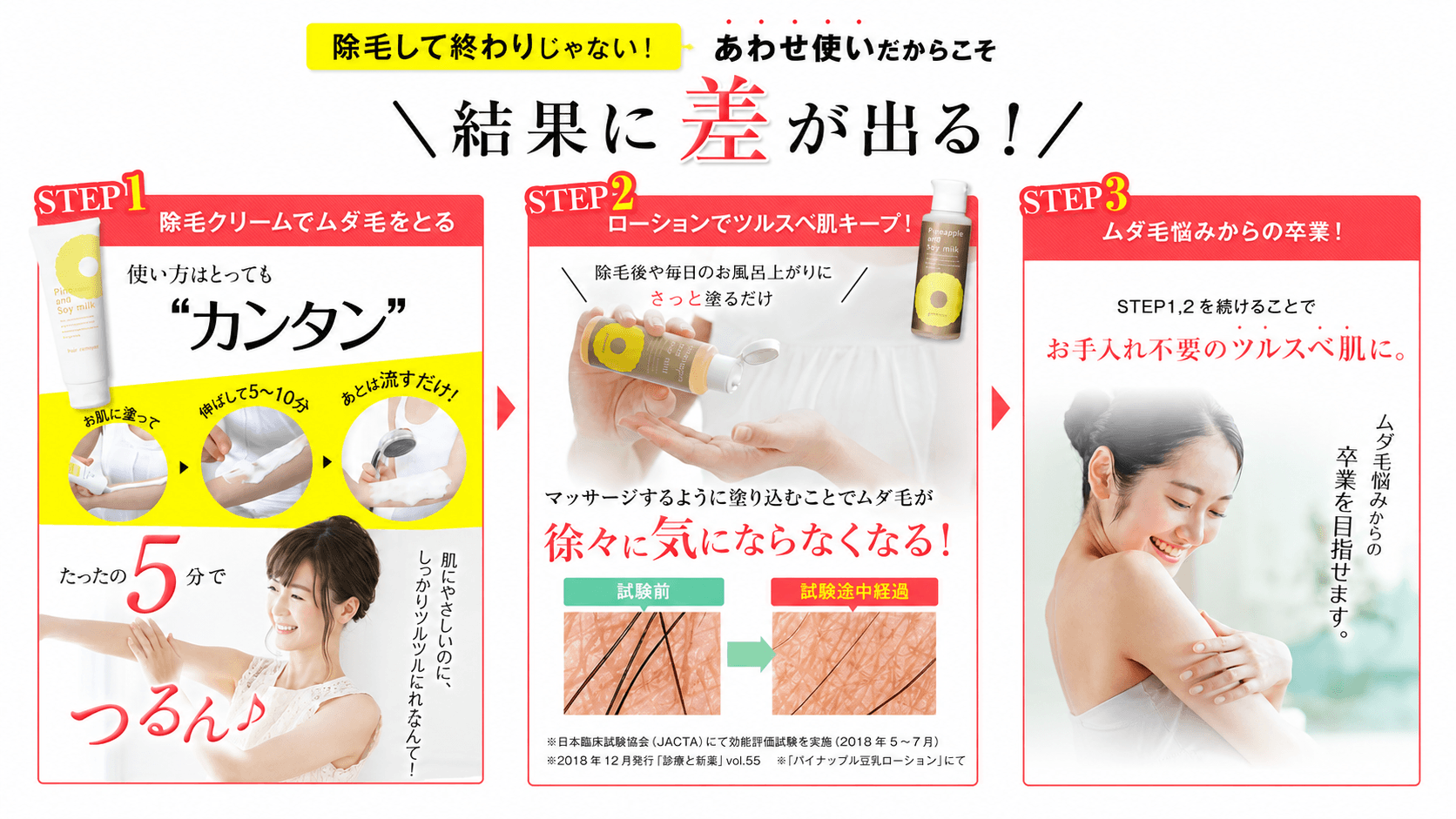 除毛クリームでムダ毛をとりローションでツルスベ肌をキープするあわせ使いの3ステップ